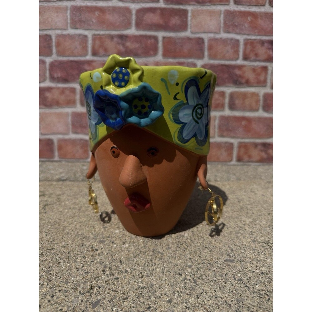 Vintage Bird Brain Inc. 2004 Terra Cotta Lady Turban Planter pot head Blue/Green
